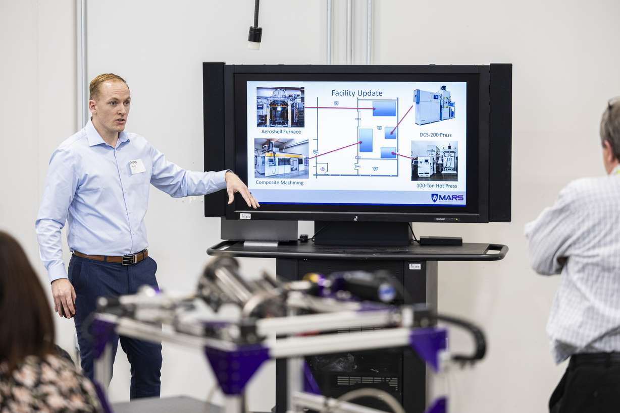 Ben Hill, a research engineer with MARS, gives a facility update during an open house hosted by Weber State University and 47G held at the Miller Advanced Research & Solutions (MARS) Center near Hill Air Force Base in Clearfield on April 3.