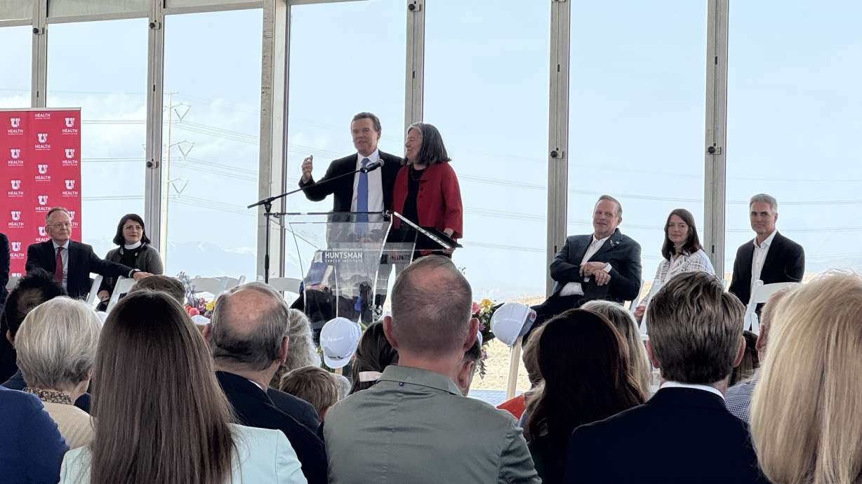 Peter Huntsman thanks Mary Beckerle, CEO of the Huntsman Cancer Institute in Salt Lake City, following the groundbreaking for the future Utah County cancer center on Tuesday.