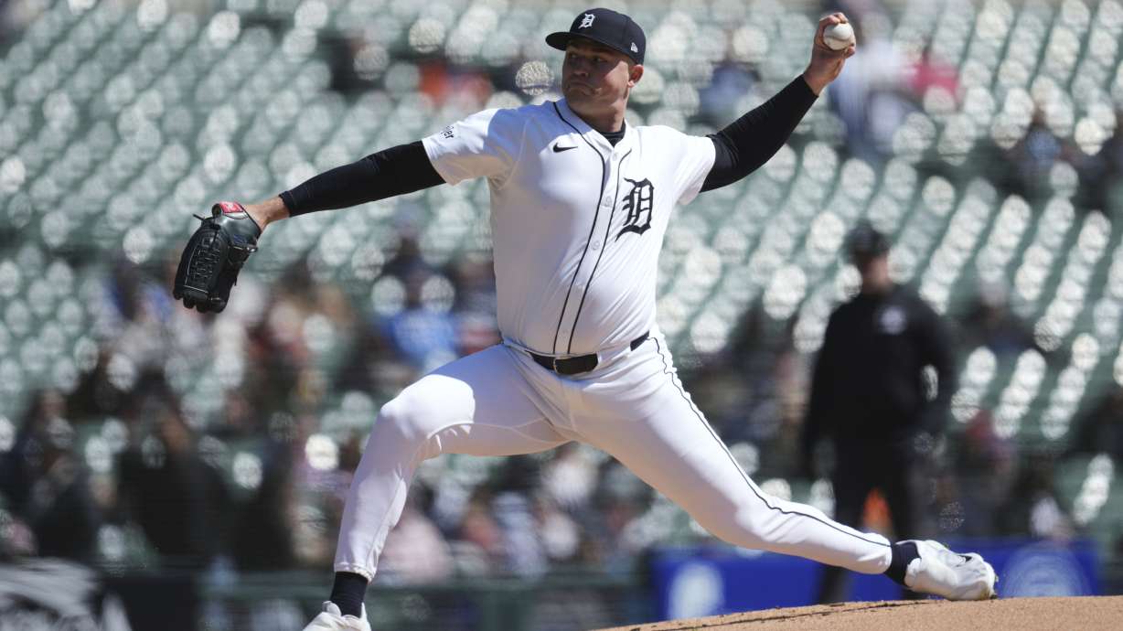 Detroit Tigers pitcher Tarik Skubal throws against the New York Yankees in the first inning of a baseball game, Tuesday, April 8, 2025, in Detroit.