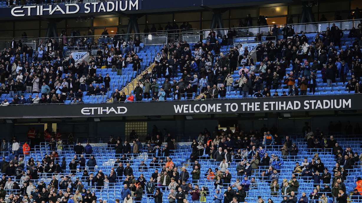 A view of the grandstand at the Etihad Stadium, not fully occupied, during the English Premier League soccer match between Manchester City and Leicester City in Manchester, England, Wednesday, April 2, 2025.