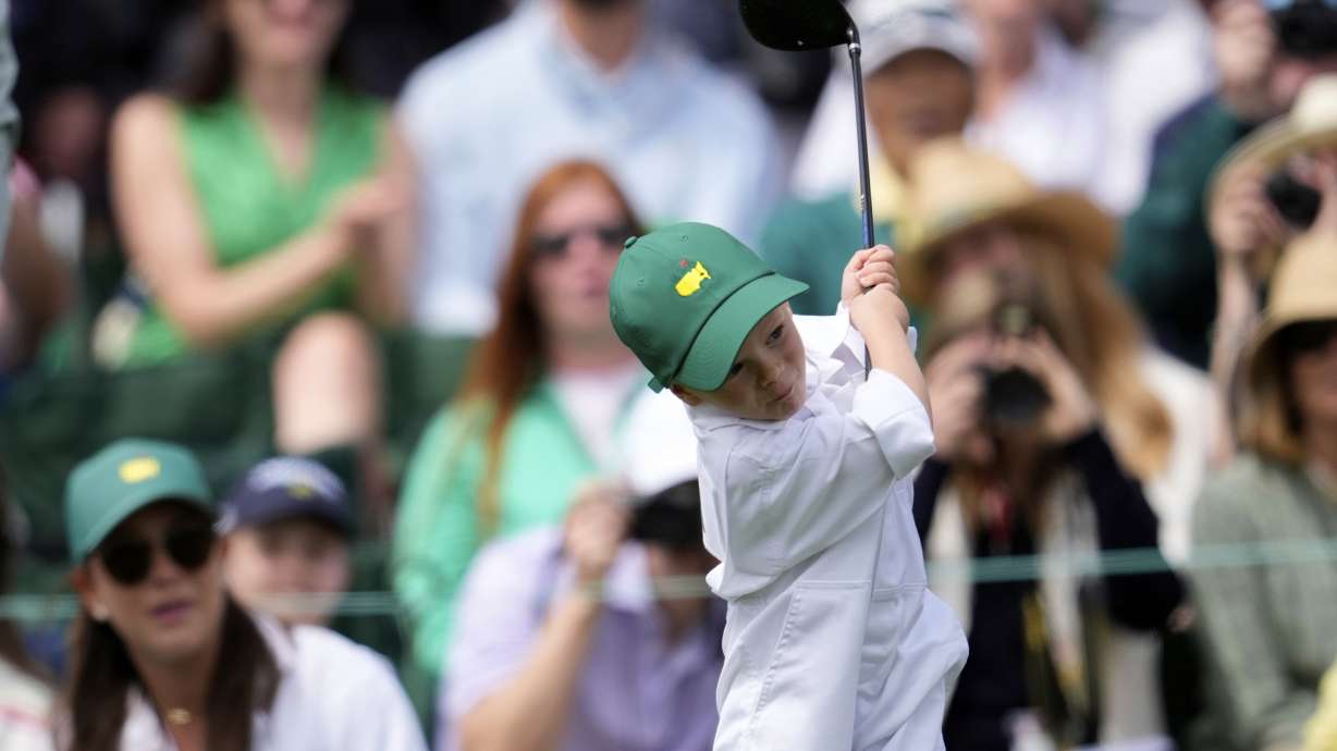 Jordan Spieth's son Sammy swings a club during the par-3 contest at the Masters golf tournament, Wednesday, April 9, 2025, in Augusta, Ga.
