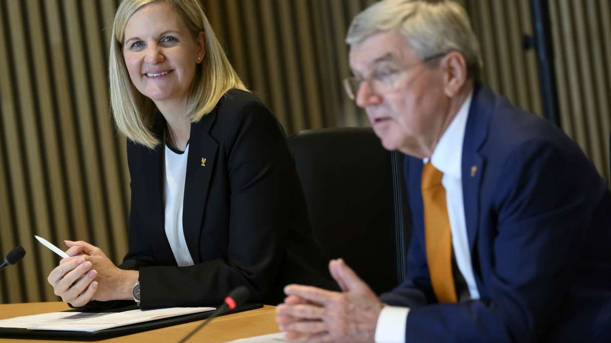 International Olympic Committee President Thomas Bach and president-elect Kirsty Coventry at the opening of the executive board meeting of the International Olympic Committee in Lausanne, Switzerland, Wednesday.