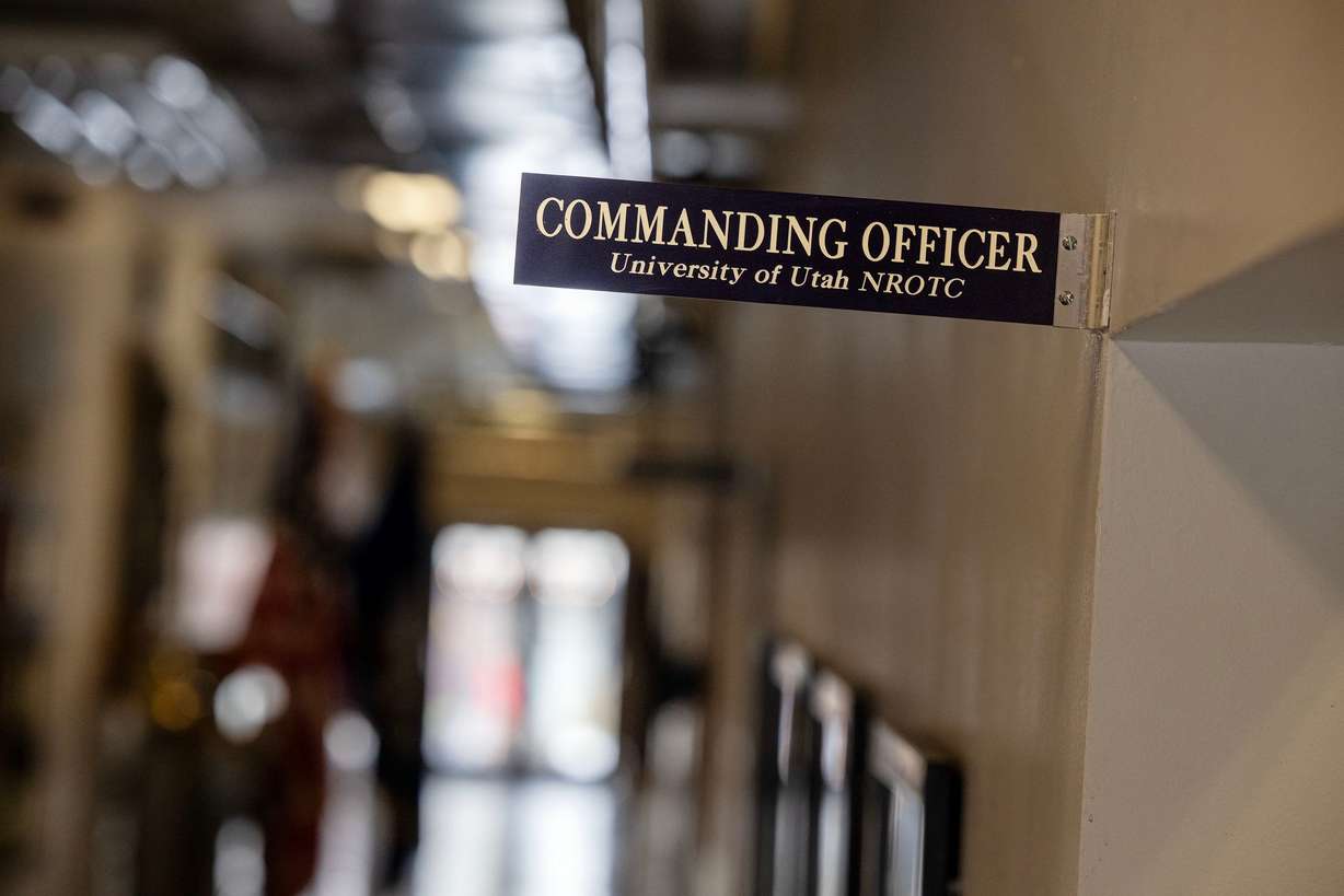 The small sign marking the office of NROTC commanding officer Capt. Daniel A. Nowicki at the University of Utah’s Naval Science Building in Salt Lake City, April 1.