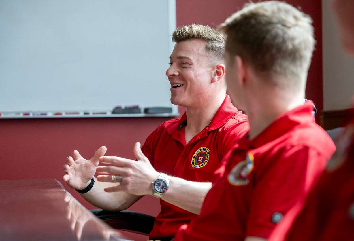 MIDN 1/C Ethan Ogzewalla USN, answers a question during an interview as they attend class with Capt. Daniel A. Nowicki, commander of the University of Utah’s Navy ROTC program, at the Naval Science Building in Salt Lake City on April 1.