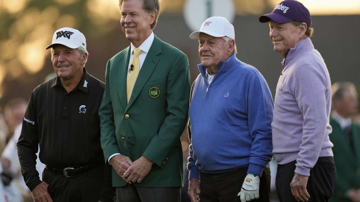 From left: Honorary Starter Gary Player, Augusta National Chairman Fred Ridley, Honorary Starter Jack Nicklaus, and Honorary Starter Tom Watson pose on the first hole during the first round at the Masters golf tournament, Thursday, April 10, 2025, in Augusta, Ga.