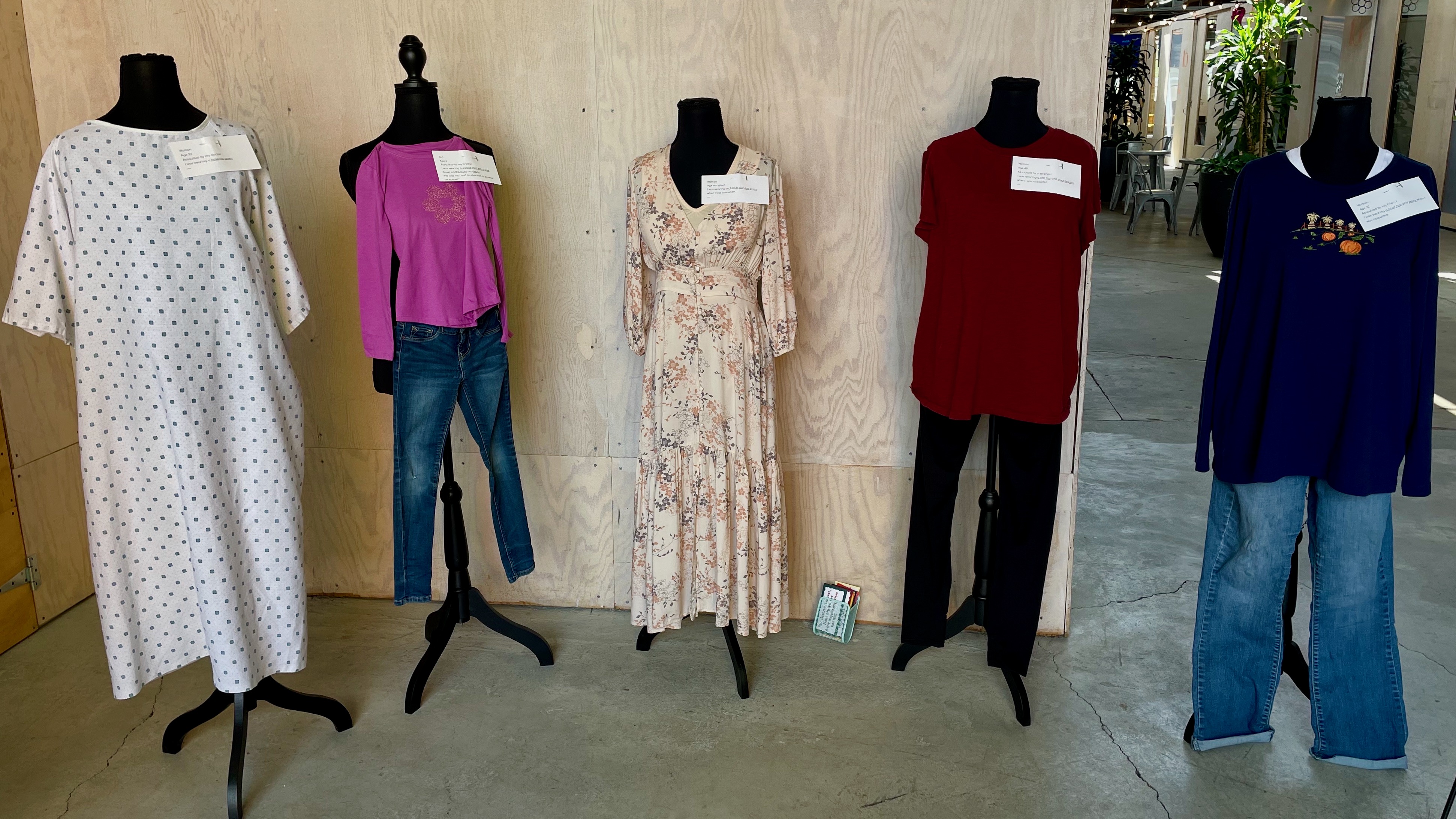 Some of the clothing on display at the YCC Family Crisis Center's "What were you wearing?" exhibit at the Monarch in Ogden on Thursday.