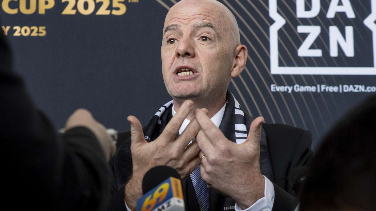 FIFA President Gianni Infantino speaks to the media at a welcoming event for the 2025 FIFA Club World Cup soccer tournament, Thursday, April 10, 2025, in Philadelphia.