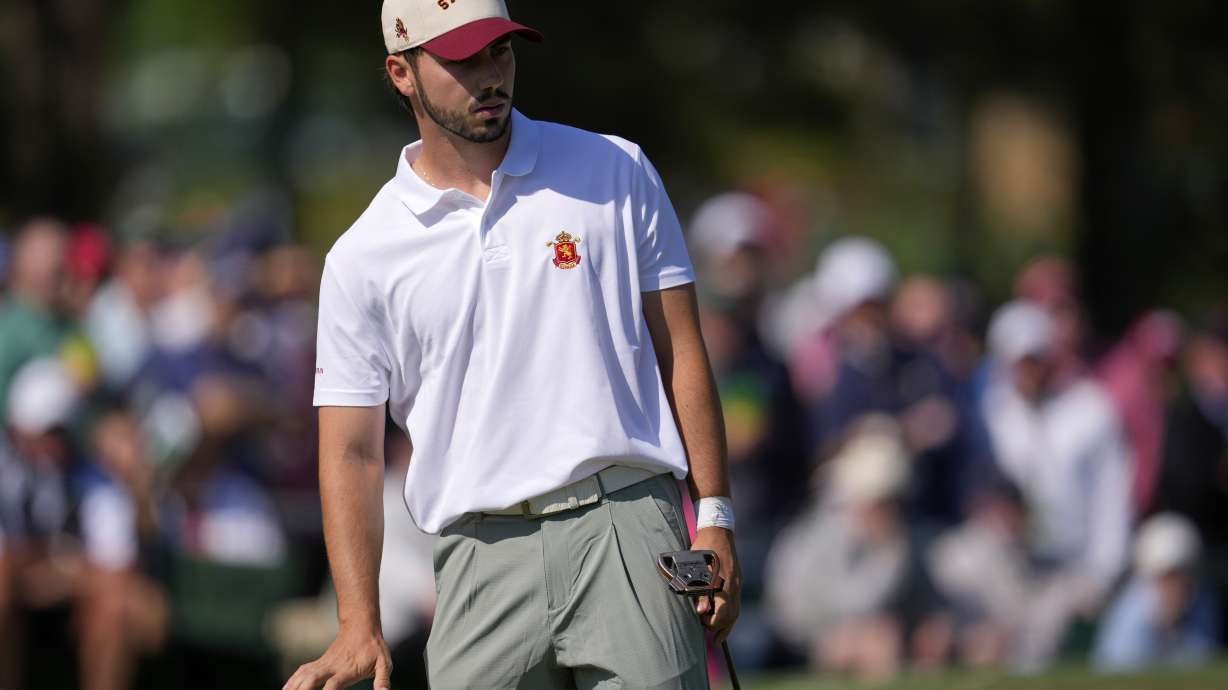 Jose Luis Ballester, of Spain, reacts after missing a putt on the second hole during the first round at the Masters golf tournament, Thursday, April 10, 2025, in Augusta, Ga.
