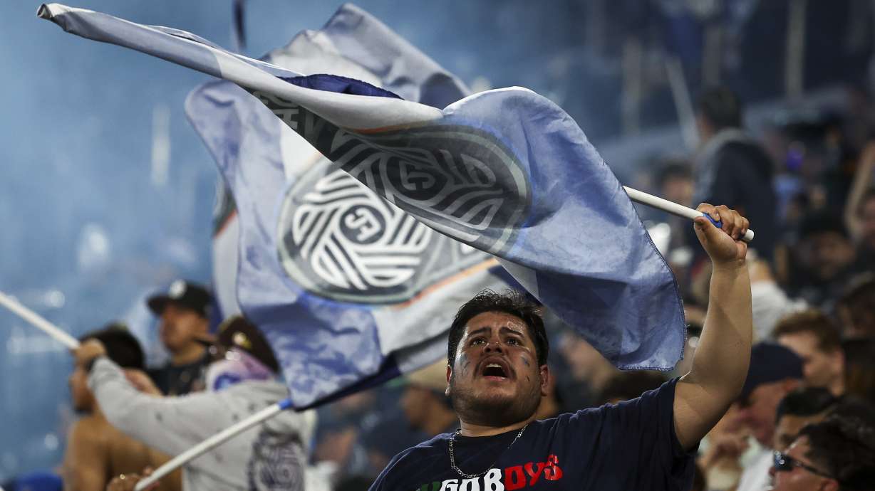San Diego FC fans celebrate a goal against the Seattle Sounders during an MLS soccer match Saturday, April 5, 2025, in San Diego.