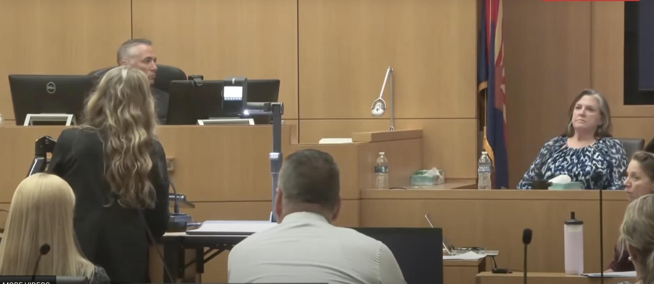 Kay Woodcock, Charles Vallow's sister, testifies at Lori Daybell's jury trial in Phoenix, Ariz., on Thursday.