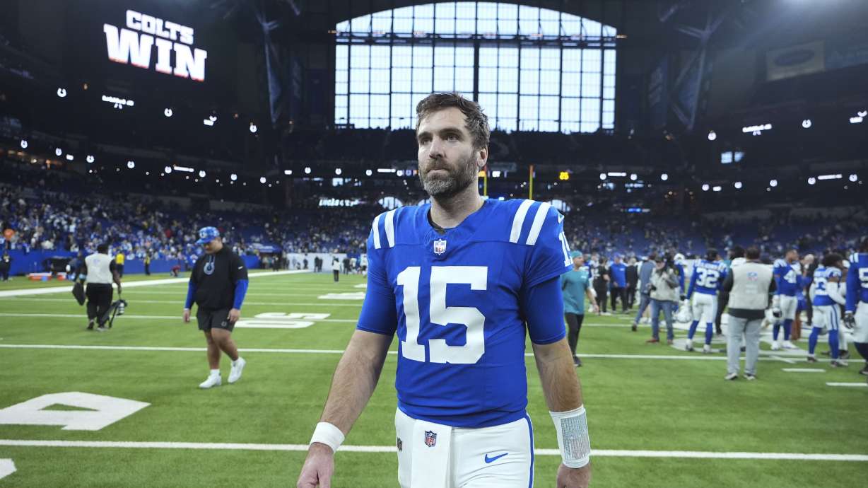 FILE - Indianapolis Colts quarterback Joe Flacco walks from the field after an NFL football game against the Jacksonville Jaguars, Sunday, Jan. 5, 2025, in Indianapolis.