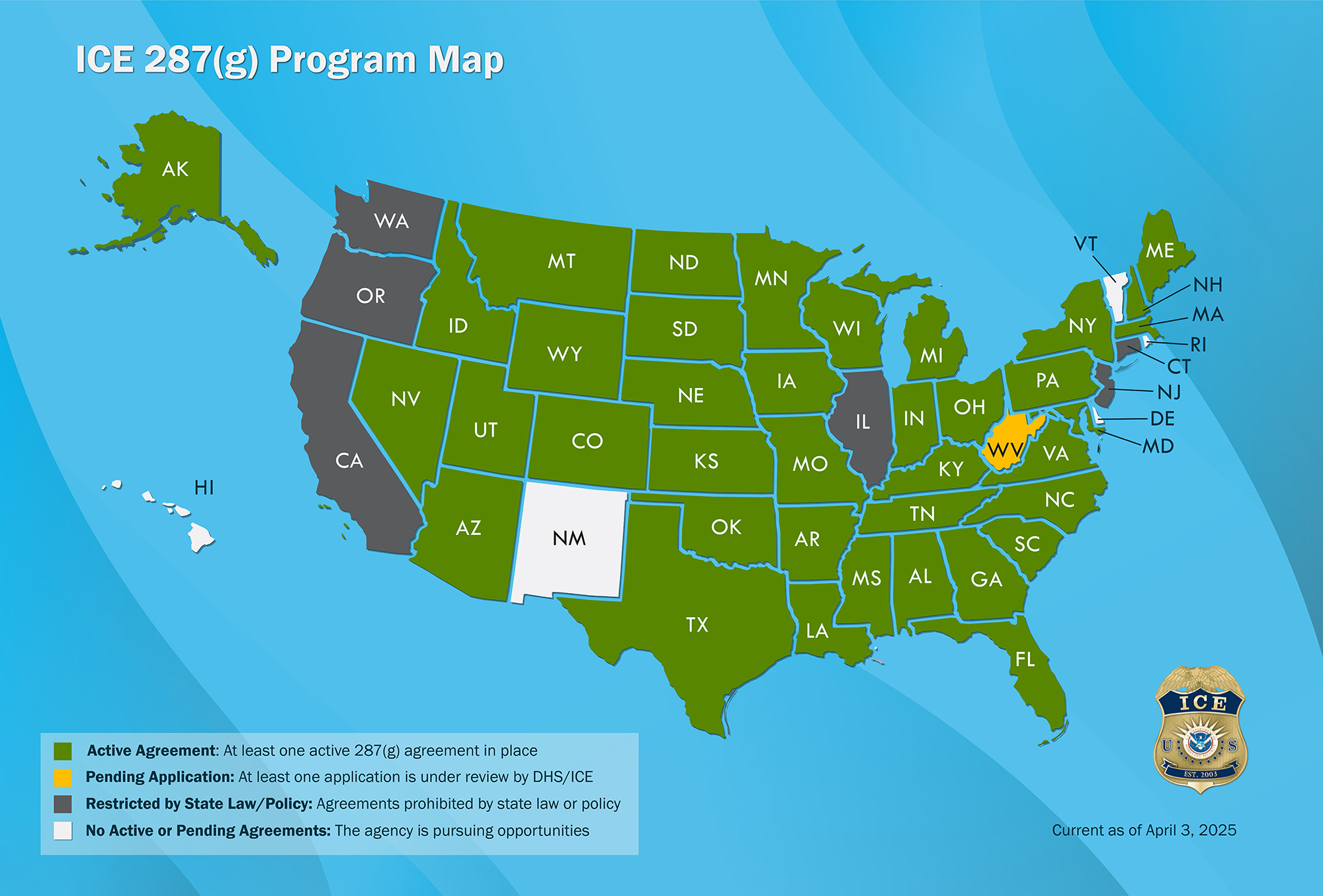 The map shows participation by state in ICE's 287(g) program, meant to bolster cooperation between federal, state and local law enforcement in contending with illegal immigration.