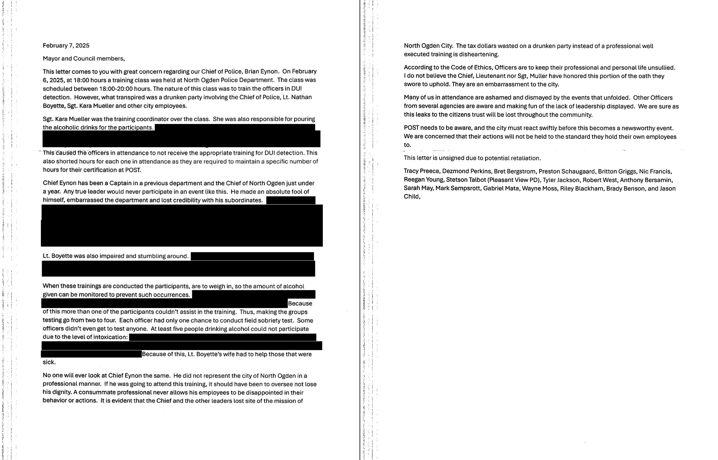 A letter obtained through public record request, signed by 18 participants of a North Ogden police department DUI training on Feb. 6, and sent to the mayor and council the day after.