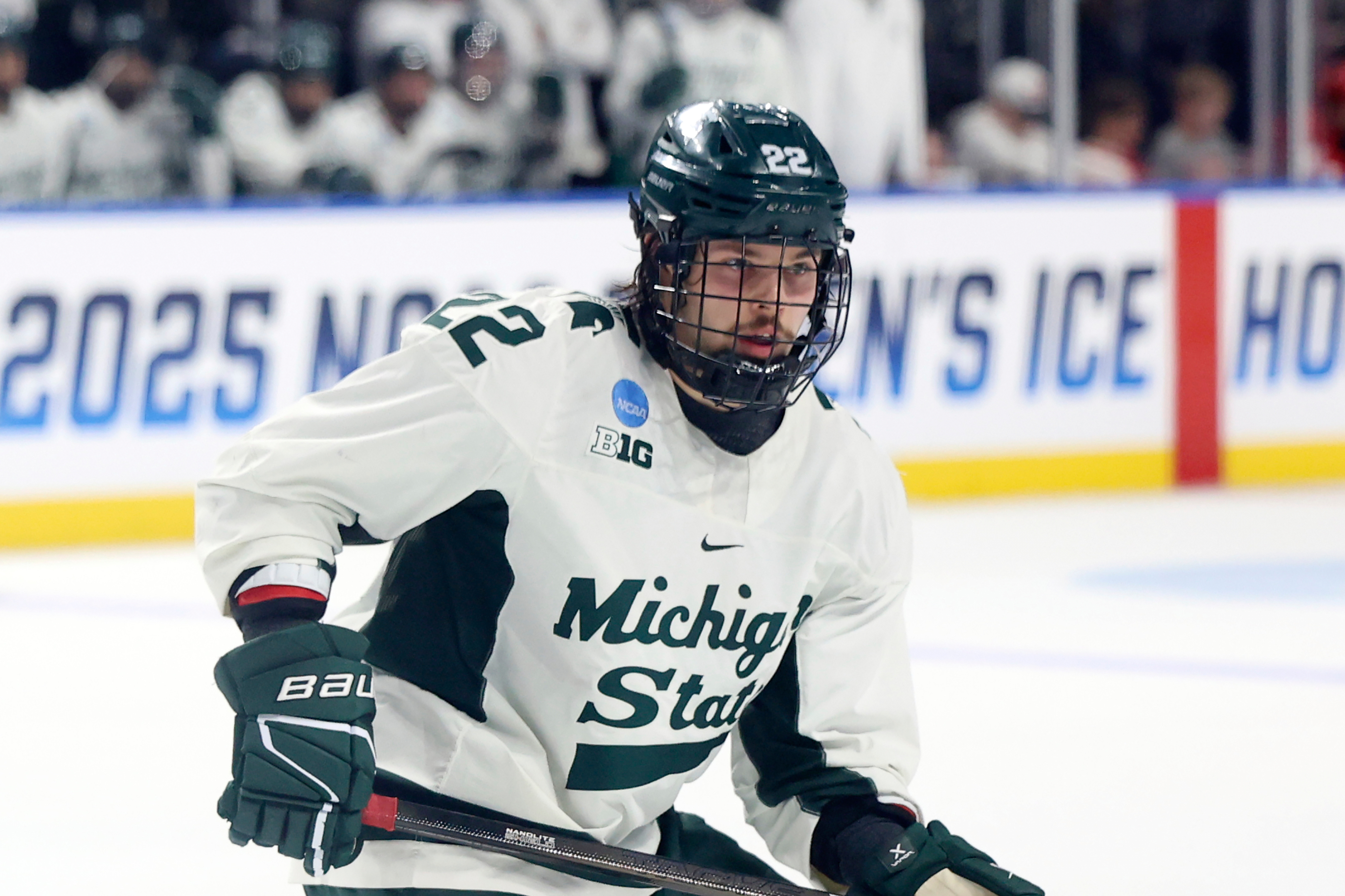 FILE - Michigan State's Isaac Howard (22) in action against Cornell during the first round of the NCAA college hockey tournament, March 27, 2025, in Toledo, Ohio.