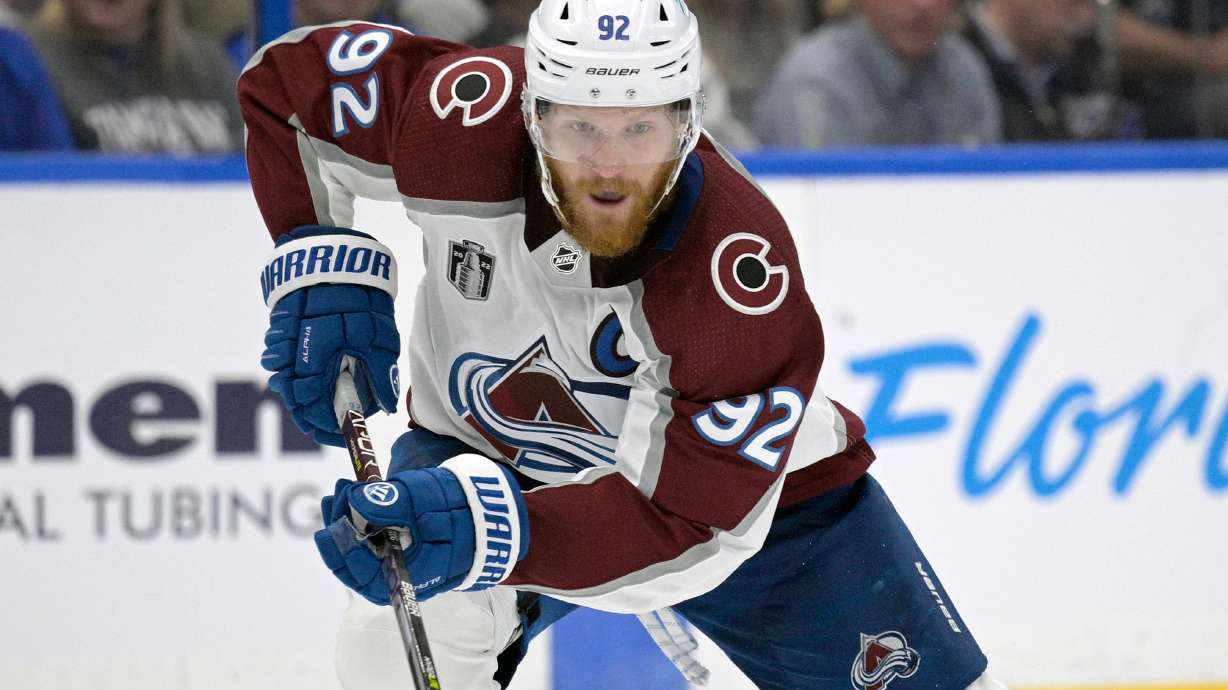 FILE - Colorado Avalanche left wing Gabriel Landeskog (92) skates during the second period of Game 4 of the NHL hockey Stanley Cup Finals on Wednesday, June 22, 2022, in Tampa, Fla.