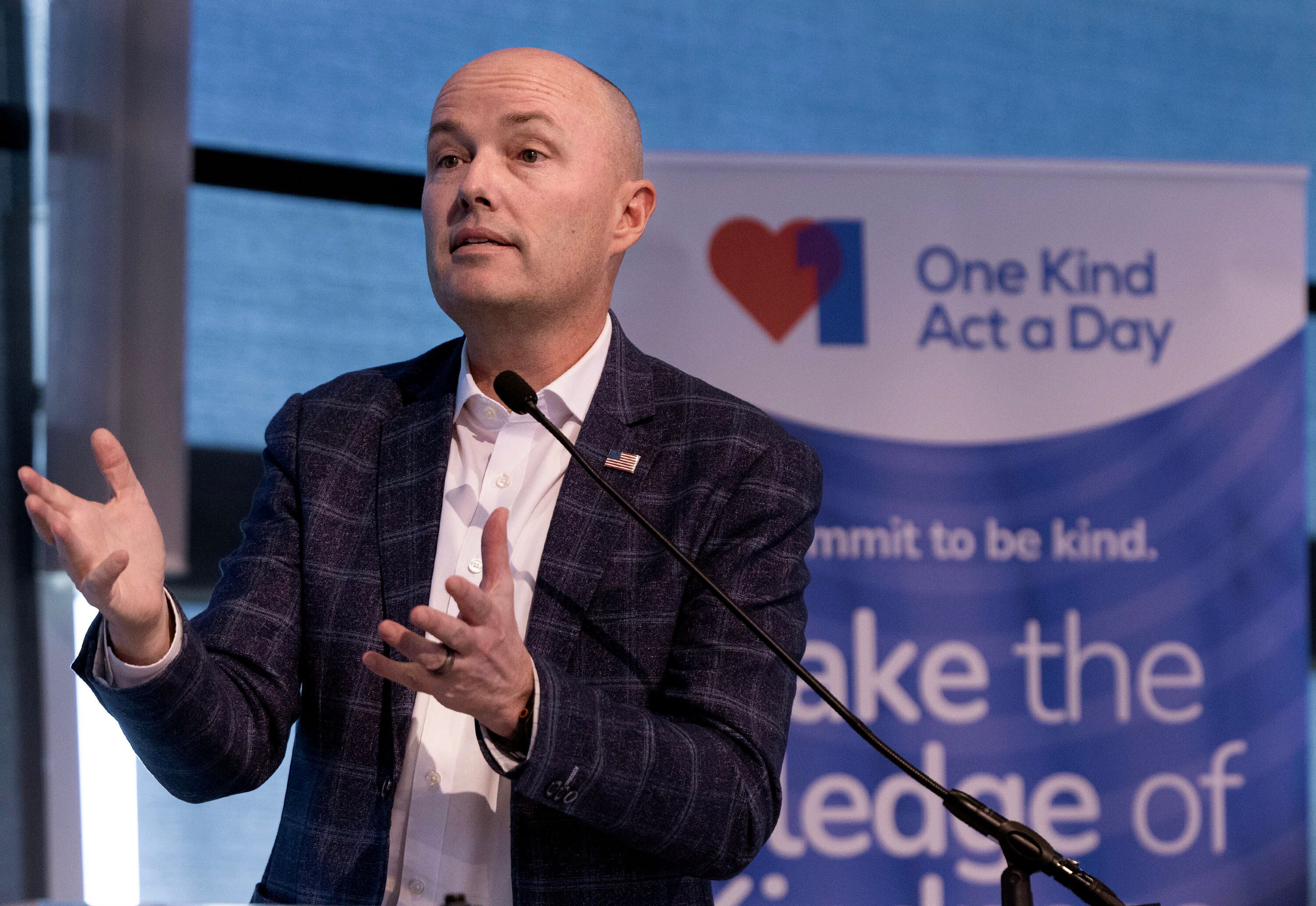 Gov. Spencer Cox speaks at the second annual Kindness Summit at the University of Utah in Salt Lake City on Friday, April 11, 2025. The Kindness Summit serves as a platform to inspire actionable change, foster collaboration and reinforce the importance of kindness in our communities, workplaces and institutions.