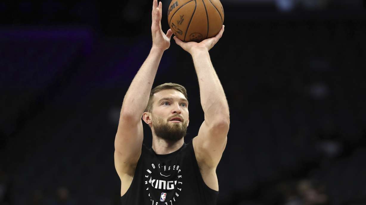 Sacramento Kings center Domantas Sabonis warms up before an NBA basketball game against the Los Angeles Clippers, Friday, April 11, 2025, in Sacramento, Calif.