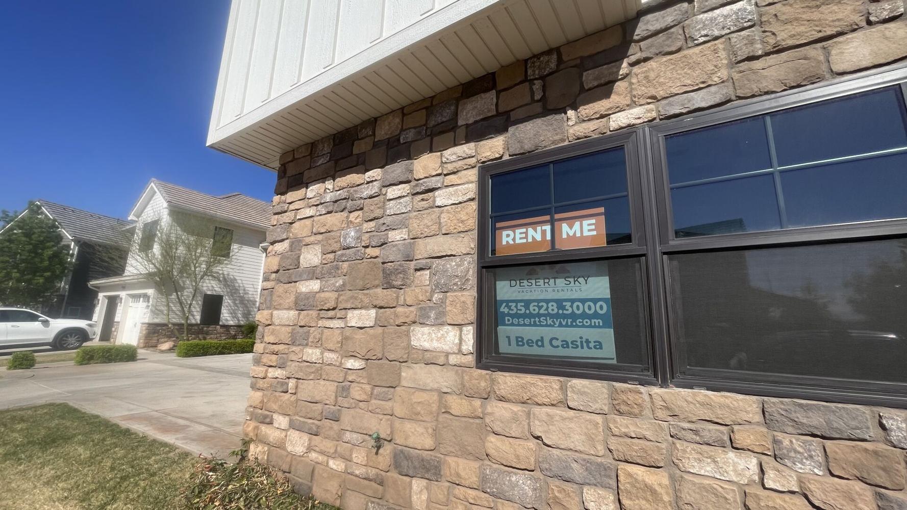 A "Rent Me" sign is posted on a new housing unit at Stucki Farms, Washington, Washington County, Thursday.