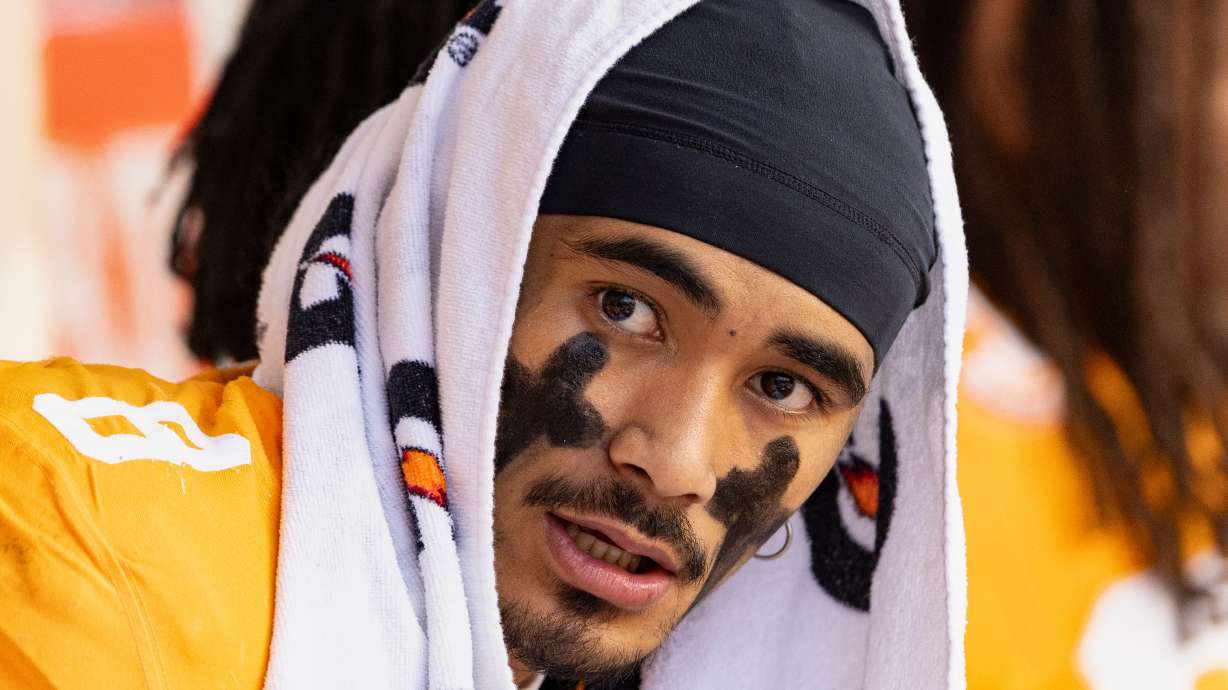 FILE - Tennessee quarterback Nico Iamaleava (8) takes a break during the second half of an NCAA college football game against UTEP, Saturday, Nov. 23, 2024, in Knoxville, Tenn.