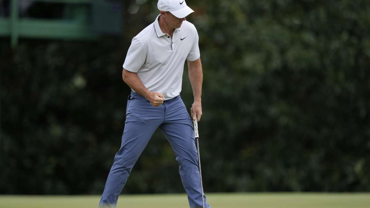 Rory McIlroy, of Northern Ireland, celebrates after making a putt on the fifth hole during the third round at the Masters golf tournament, Saturday, April 12, 2025, in Augusta, Ga.