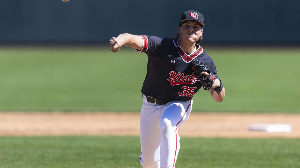 Utah pitcher Dylan Gazaway (35) throws a pitch during a college baseball game between Utah and BYU at Smith's Ballpark in Salt Lake City on Saturday, April 12, 2025. Utah won the game with a final score of 9-6.