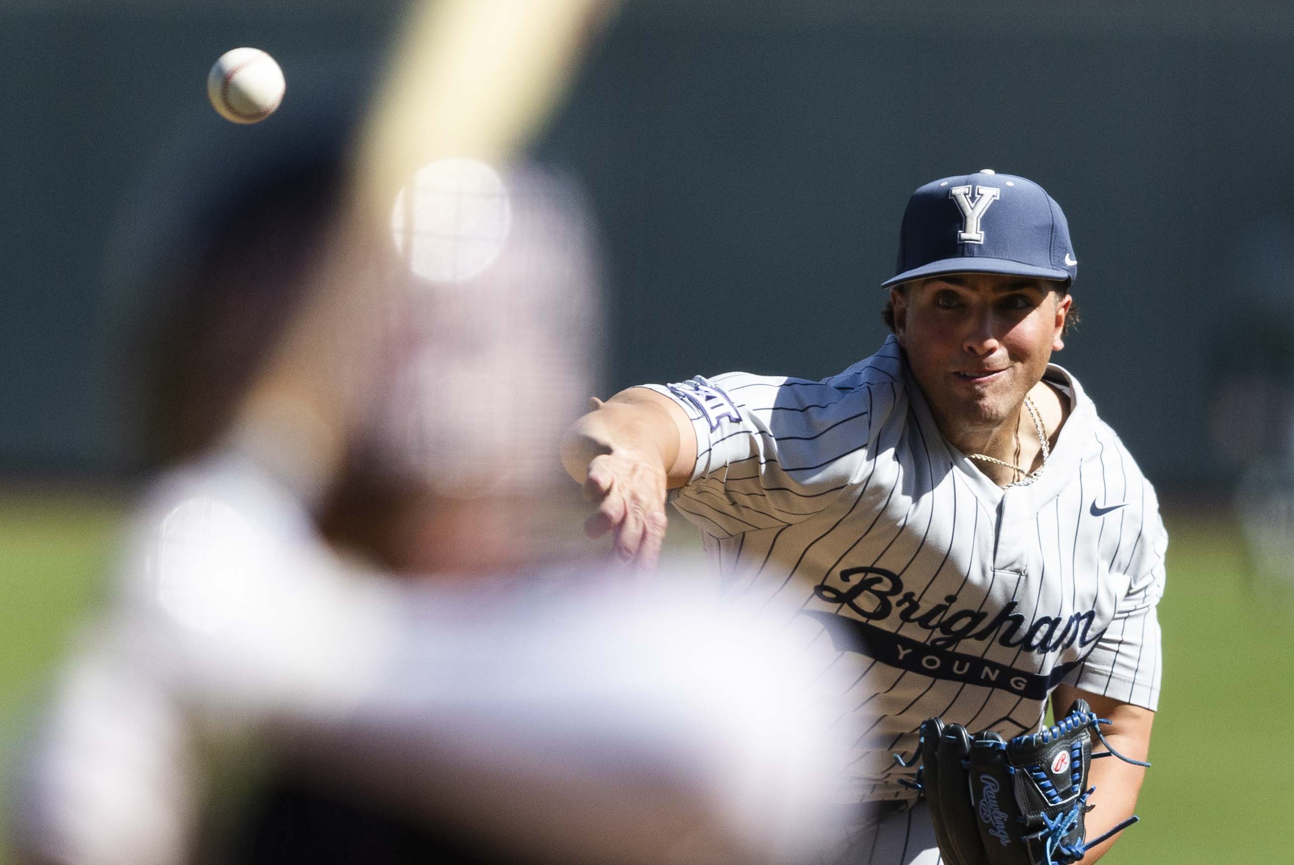 BYU pitcher Hayden Coon (40) throws a pitch during a college baseball game between Utah and BYU at Smith's Ballpark in Salt Lake City on Saturday, April 12, 2025. Utah won the game with a final score of 9-6.