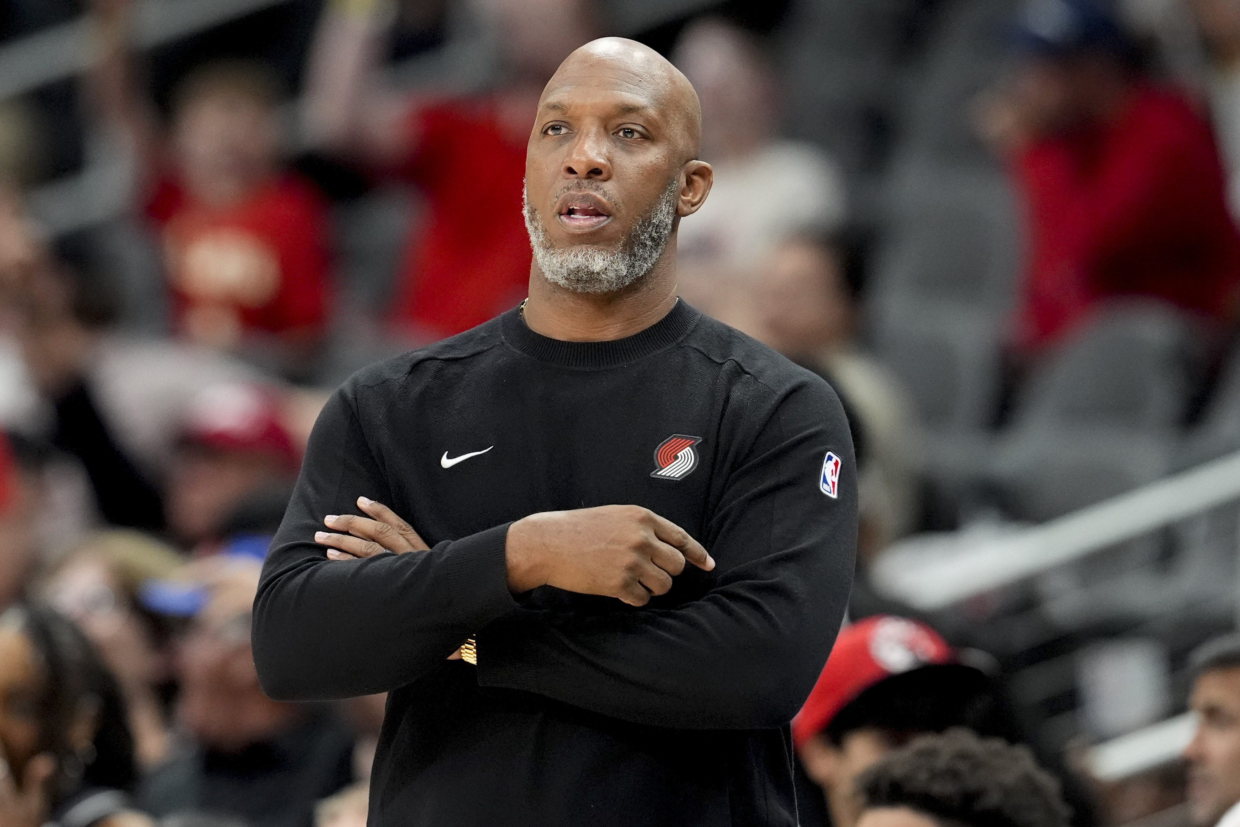 Portland Trail Blazers head coach Chauncey Billups watches play against the Atlanta Hawks diring the first half of an NBA basketball game, Tuesday, April 1, 2025, in Atlanta. 