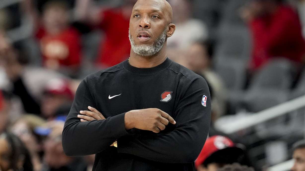 Portland Trail Blazers head coach Chauncey Billups watches play against the Atlanta Hawks diring the first half of an NBA basketball game, Tuesday, April 1, 2025, in Atlanta.