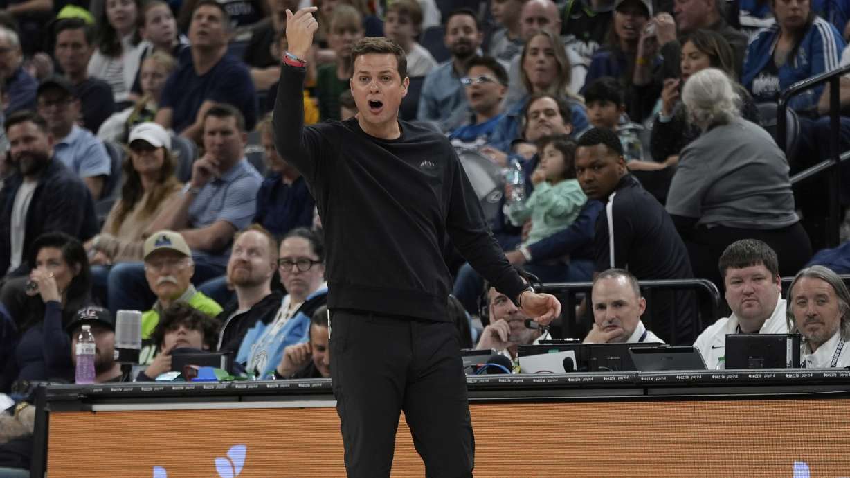 Utah Jazz head coach Will Hardy reacts during the first half of an NBA basketball game against the Minnesota Timberwolves, Sunday, April 13, 2025, in Minneapolis.