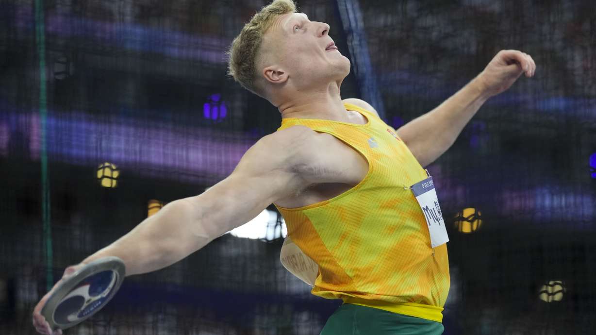 FILE - Mykolas Alekna, of Lithuania, competes in the 2024 Summer Olympics, Wednesday, Aug. 7, 2024, in Saint-Denis, France.