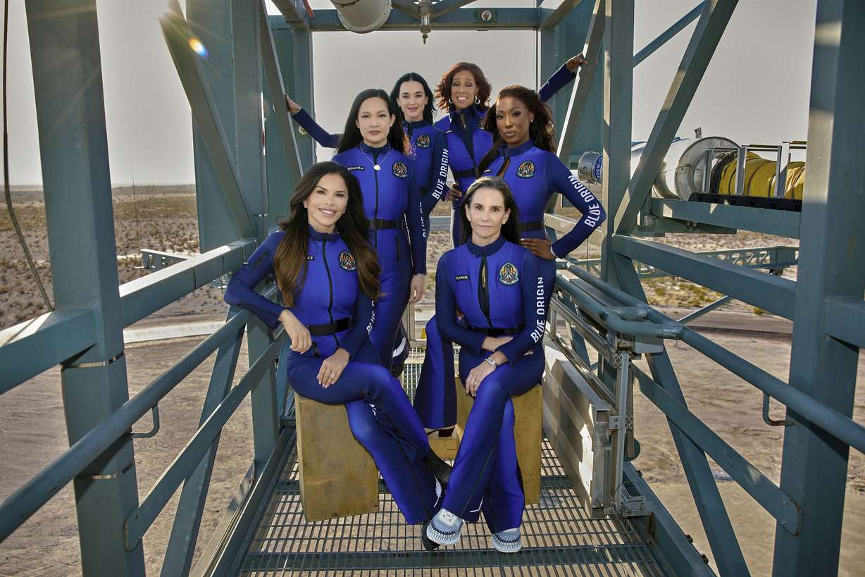 This image shows, first row, seated, from left: Lauren Sanchez and Kerianne Flynn and standing in back from left: Amanda Nguyen, Katy Perry, Gayle King and Aisha Bowe in West Texas. They were aboard the Blue Origin space flight that launched from West Texas on Monday.