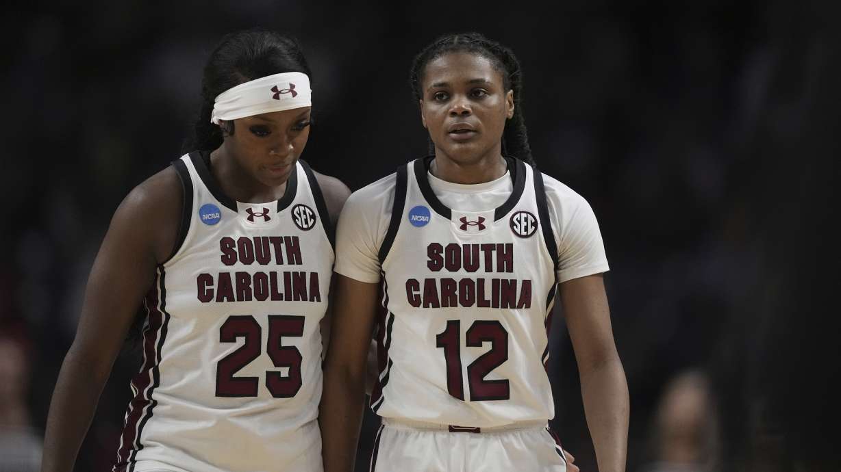 South Carolina guard Raven Johnson (25) and guard MiLaysia Fulwiley (12) walk down court during the second half in the Sweet 16 of the NCAA college basketball tournament, Friday, March 28, 2025. in Birmingham, Ala.