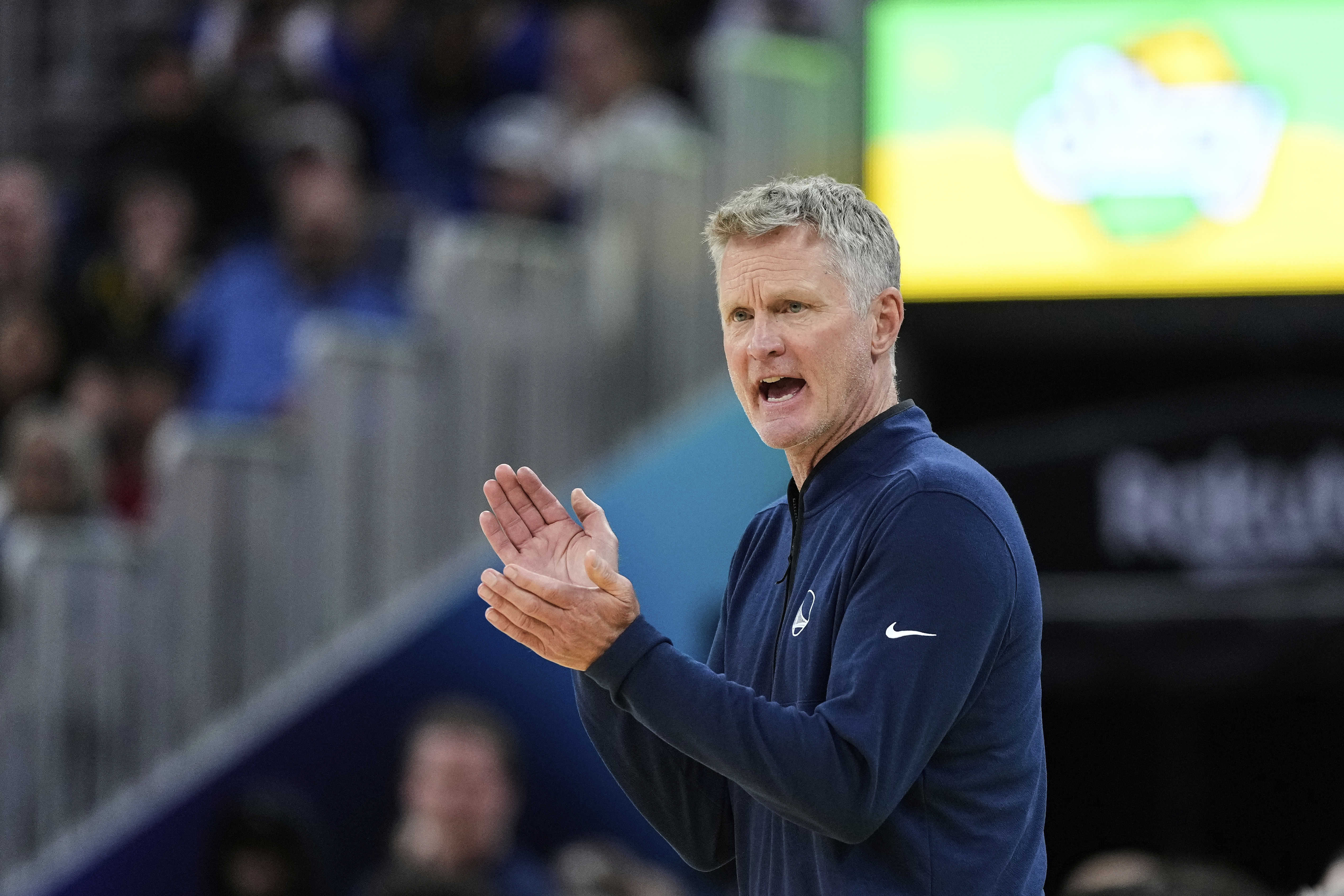 Golden State Warriors head coach Steve Kerr reacts during the second half of an NBA basketball game against the San Antonio Spurs, Wednesday, April 9, 2025, in San Francisco.