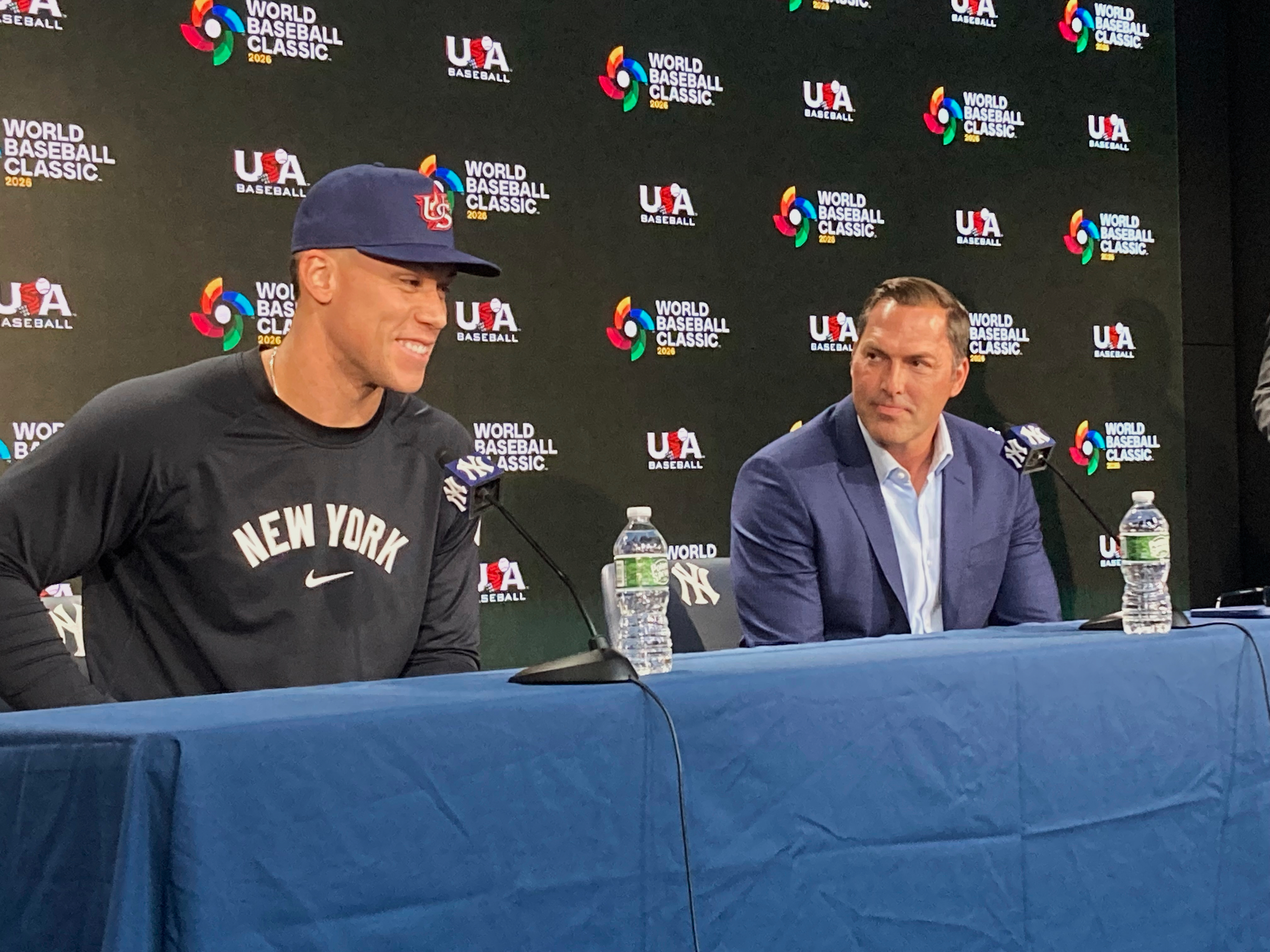 U.S. captain Aaron Judge and U.S. manager Mark DeRosa attend a news conference Monday, April 14, 2025, at Yankee Stadium, in New York.
