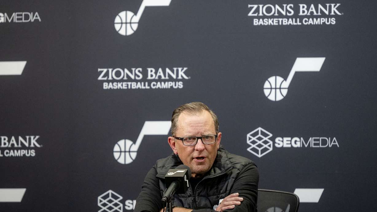 Justin Zanik, general manager of the Utah Jazz, speaks at an end of season press conference at the Zions Bank Basketball Center in Salt Lake City on Monday, April 14, 2025