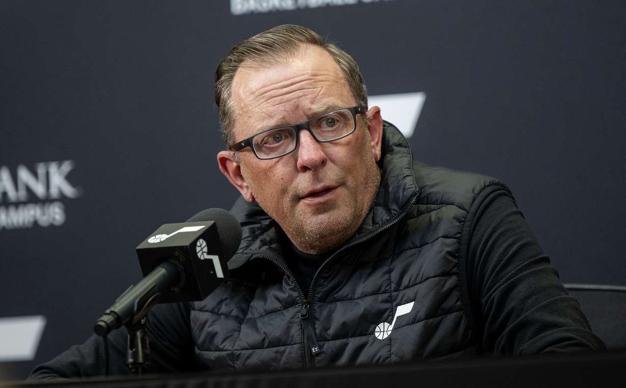Justin Zanik, general manager of the Utah Jazz, speaks at an end of season press conference at the Zions Bank Basketball Center in Salt Lake City on Monday, April 14, 2025