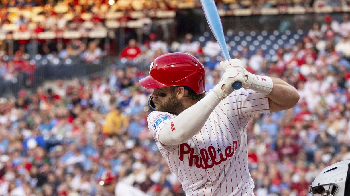 Philadelphia Phillies' Bryce Harper takes an at-bat during the first inning of a baseball game against the San Francisco Giants, Monday, April 14, 2025, in Philadelphia.