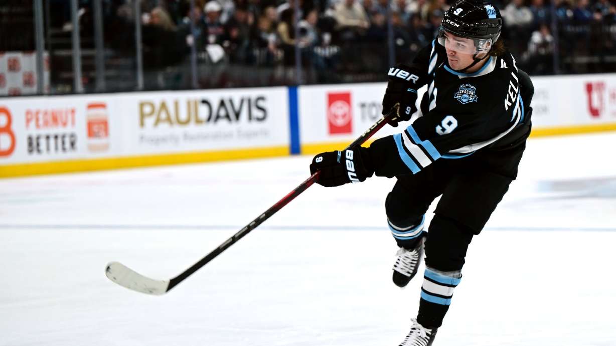 Utah Hockey Club center Clayton Keller (9) shoots as they play the Anaheim Ducks at the Delta Center in Salt Lake City on Wednesday, March 12, 2025.