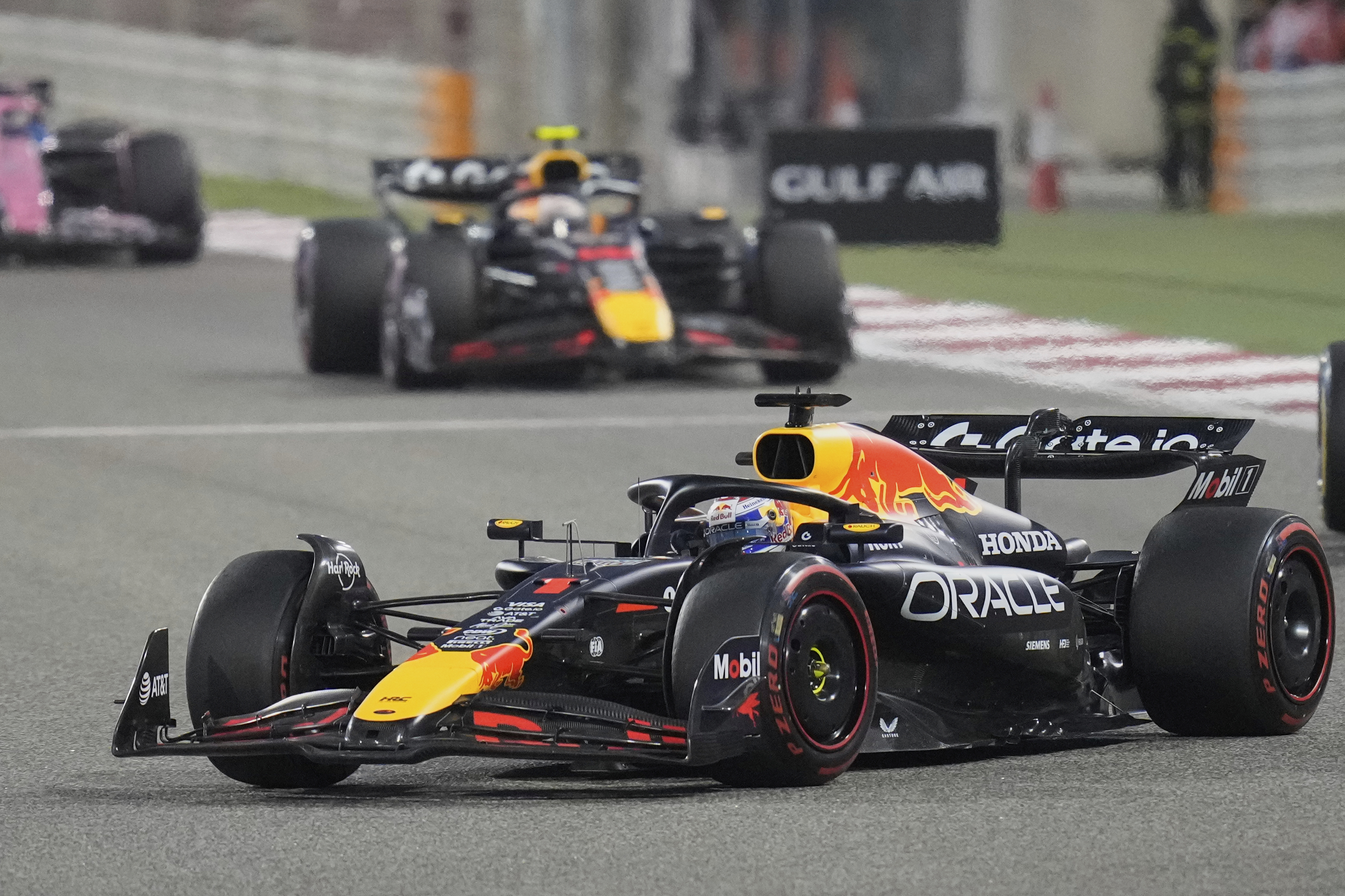 Red Bull driver Max Verstappen of the Netherlands in action during the the Formula One Bahrain Grand Prix, in Sakhir, Sunday, April 13, 2025.