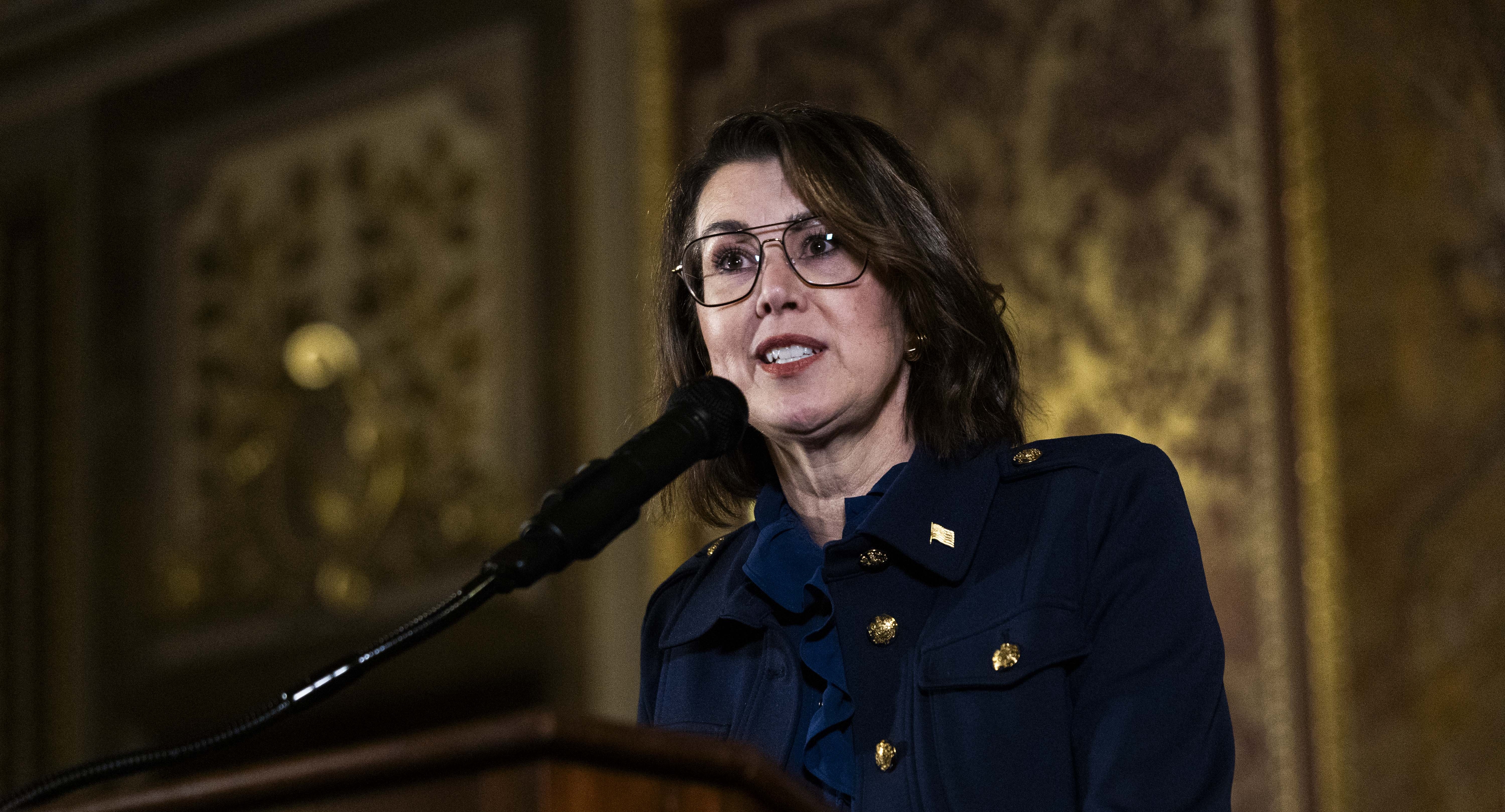 Lt. Gov. Deidre Henderson speaks at the Capitol in Salt Lake City on March 7. Henderson is facing potential legal action from the Democratic National Committee if she provides the state's voter rolls to the Department of Justice.