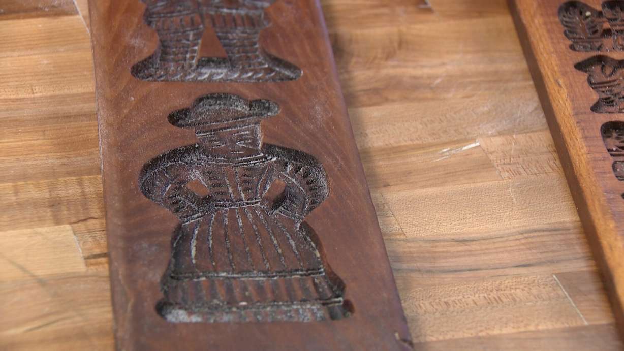 Dutch speculoos cookie molds are pictured on Monday at the Topper Bakery in Ogden. The owners say they are nearly ready to fully reopen following a fire in 2021.