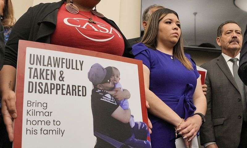 Vasquez Sura, wife of Kilmar Abrego Garcia, a Salvadoran migrant who lived in the U.S. legally with a work permit and was erroneously deported to El Salvador, attends a press conference with other supporters and members of the Congressional Hispanic Caucus, in Washington, April 9.