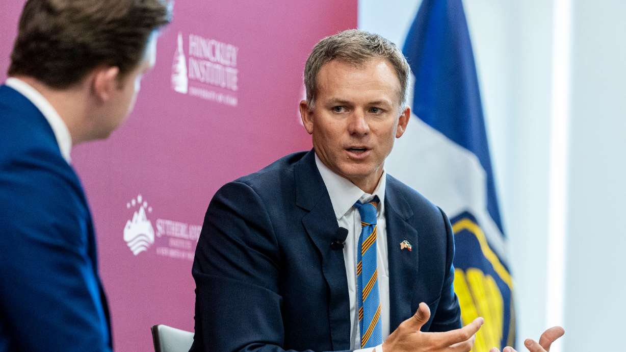 Rep. Blake Moore, R-Utah, speaks while joined by Nic Dunn of the Sutherland Institute at the Hinckley Institute of Politics in Salt Lake City on Aug. 28, 2024. Moore is introducing legislation to ease the process to adopt children.