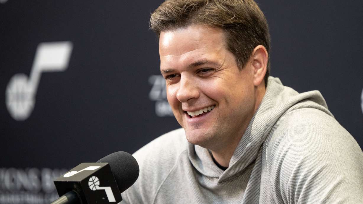 Will Hardy, head coach of the Utah Jazz, smiles at a question as he speaks at an end of season press conference at the Zions Bank Basketball Center in Salt Lake City on Monday, April 14, 2025.
