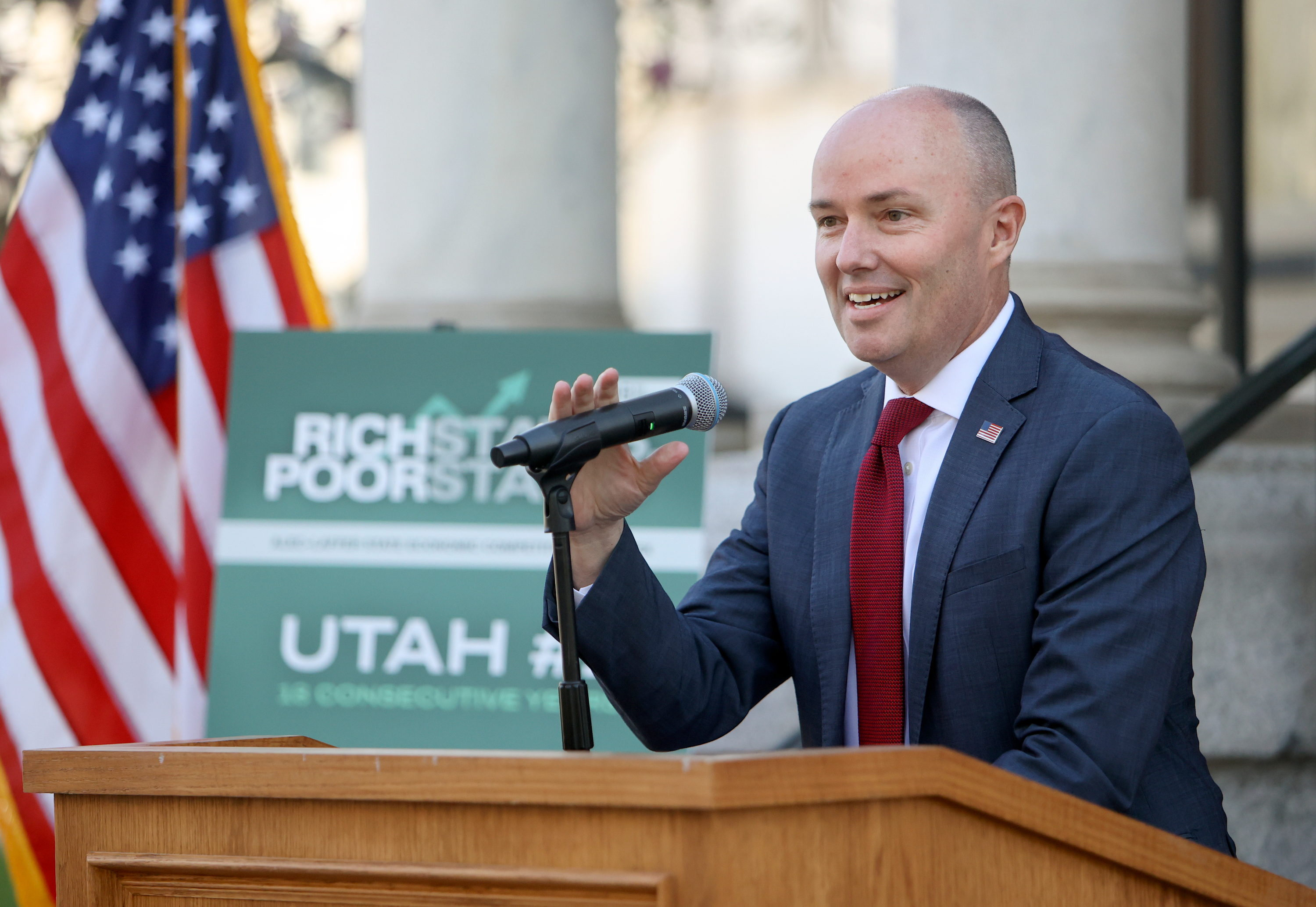 Gov. Spencer Cox speaks about the ALEC-Laffer State Economic Competitiveness Index ranking Utah as having the top economic outlook for the 18th consecutive year outside of the Governor’s Mansion in Salt Lake City on Tuesday.