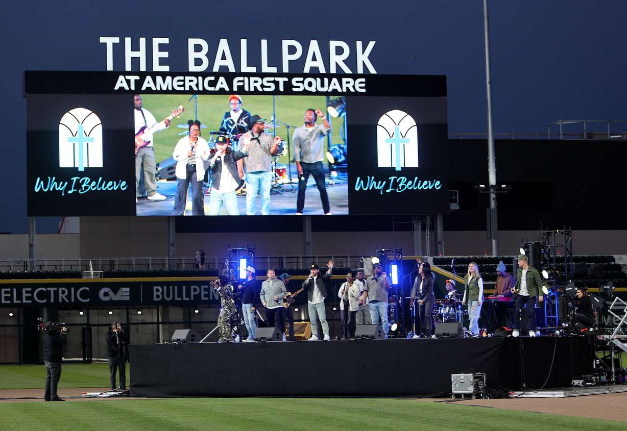The King Will Come performs at the Why I Believe Interfaith Easter Celebration at the Ballpark at America First Square in South Jordan on Monday.
