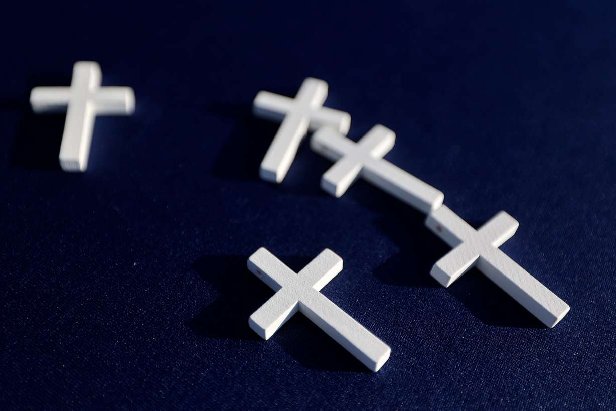Crosses are pictured at the Why I Believe Interfaith Easter Celebration at the Ballpark at America First Square in South Jordan on Monday.