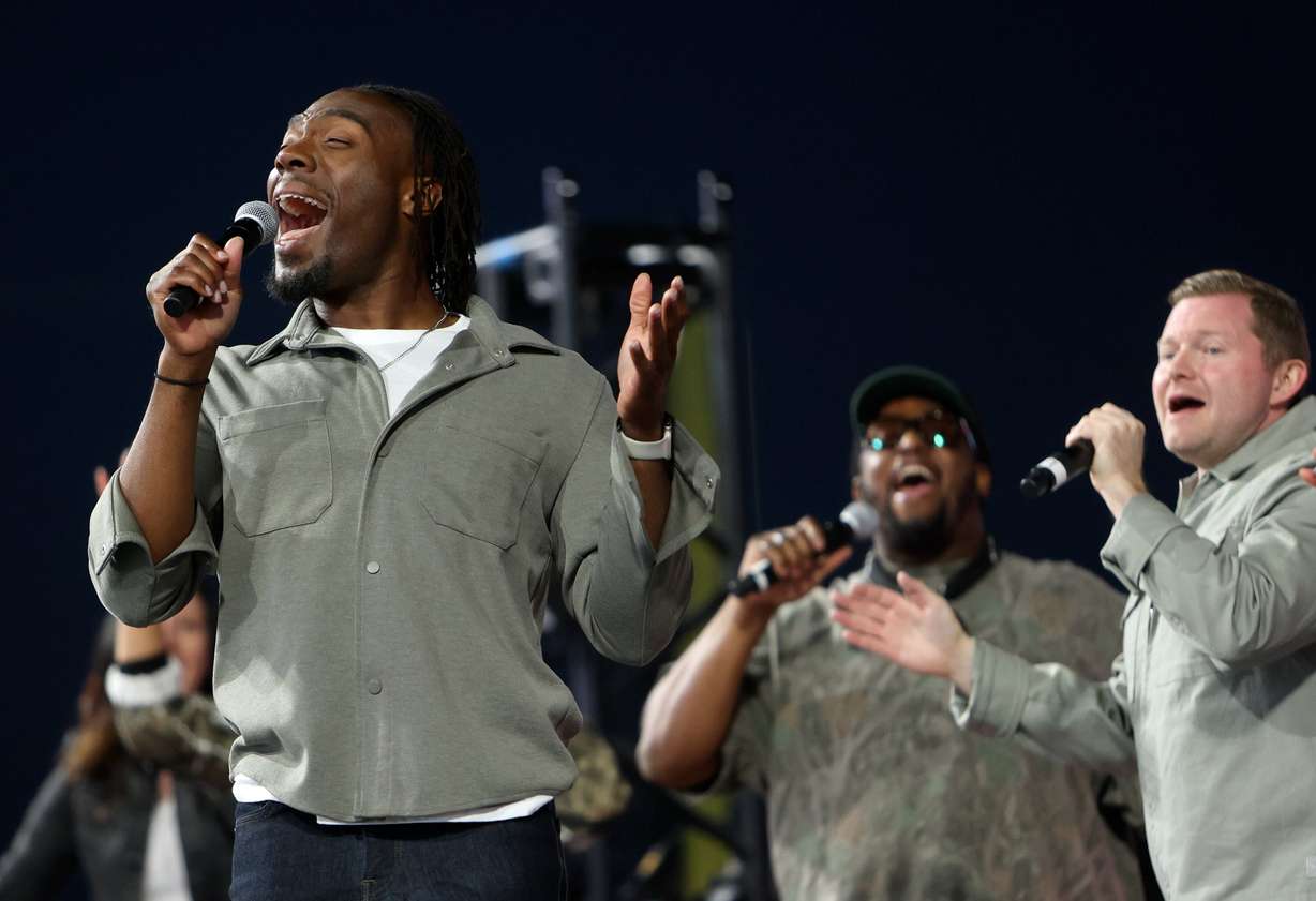 Isaiah Bailey performs with The King Will Come at the Why I Believe Interfaith Easter Celebration at the Ballpark at America First Square in South Jordan on Monday.