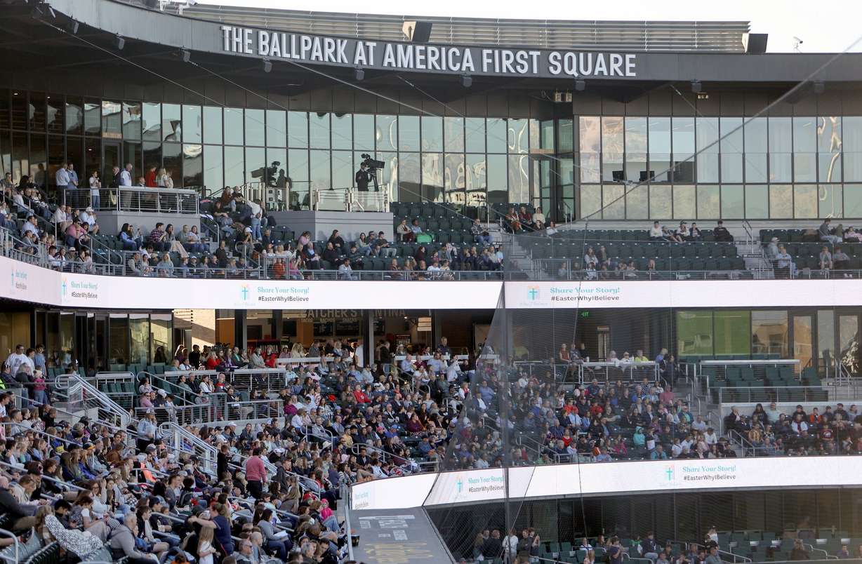 People attend the Why I Believe Interfaith Easter Celebration at the Ballpark at America First Square in South Jordan on Monday.