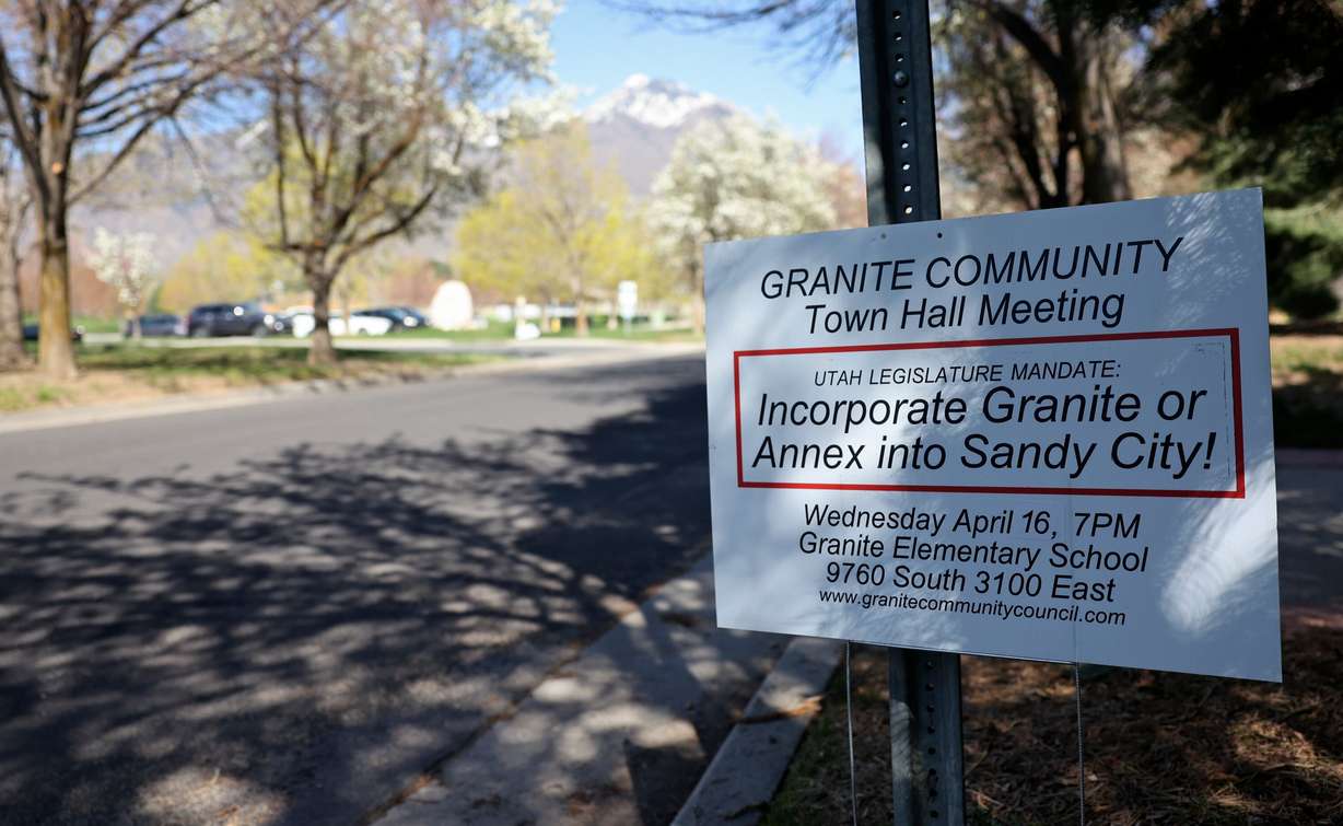A sign is posted for a Granite community town hall meeting in Salt Lake County on Monday. The unincorporated Granite area is requesting a feasibility study to see if it can incorporate.